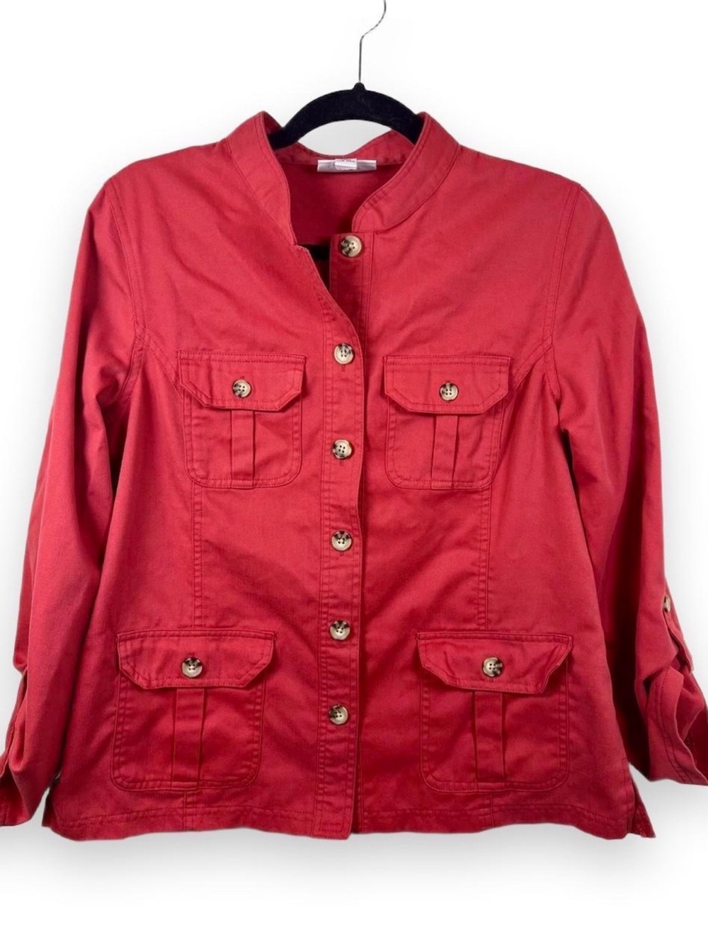 The Tog Shop Coral/Red Utility Field Jacket Womens Size M Roll Tab Sleeve Button
